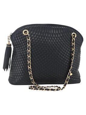 Authentic BALLY Quilted Chain Shoulder Bag Leather Black Gold